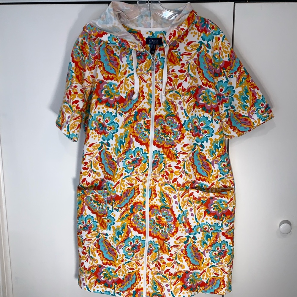 D&Co Beach Floral Full Zip Short Sleeve Swim Coverup Pockets Size Large